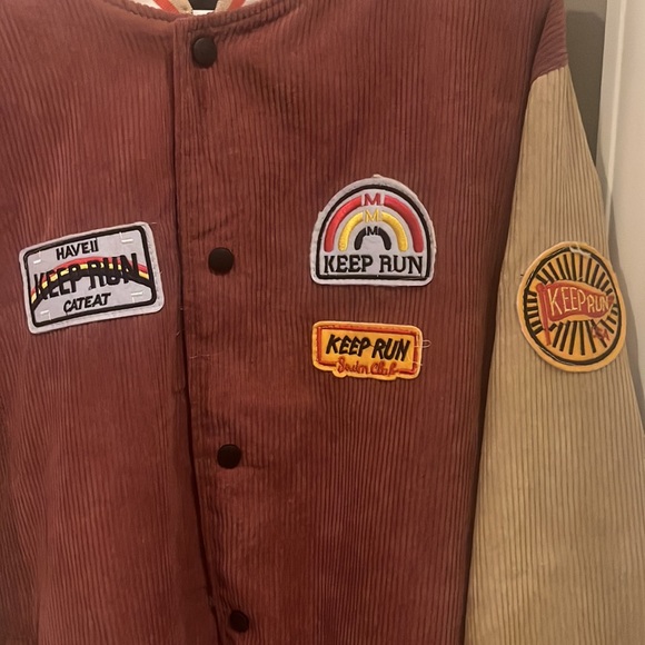 red and tan bomber jacket with patches - Picture 2 of 5